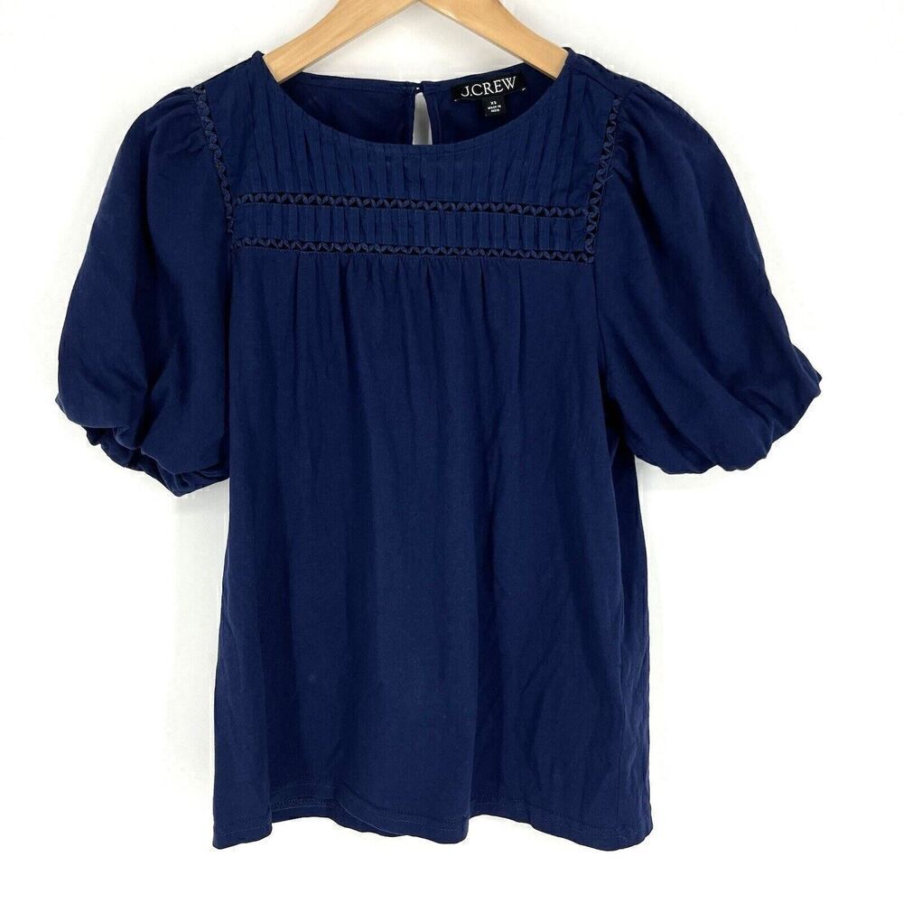 J Crew Top Size XS Womens Navy Lace Trim Puff Sleeve T Shirt Cotton Pintuck